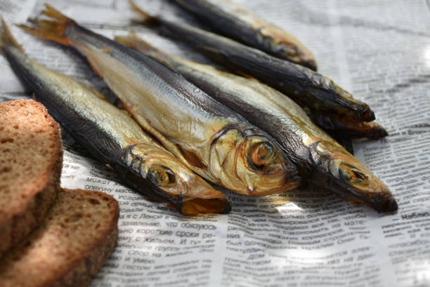 istock Golden smoked fish and bread on newspaper. 1176584710