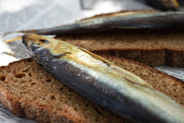 istock Golden smoked fish on newspaper. Fish on bread. 1176584810