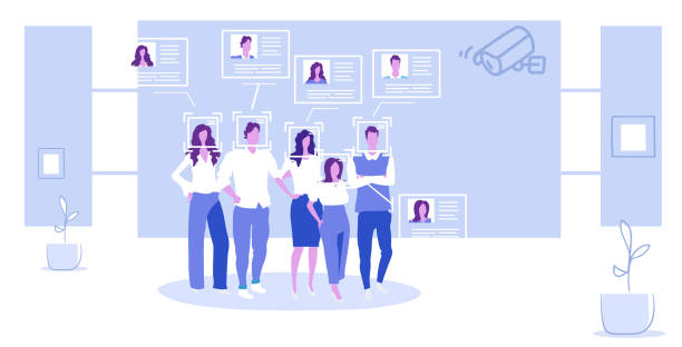 businesspeople group company employees identification cctv security camera facial recognition system digital technology concept sketch full length horizontal businesspeople group company employees identification cctv security camera facial recognition system digital technology concept sketch full length horizontal vector illustration facial recognition woman stock illustrations