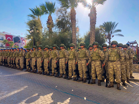 Girne, North Cyprus - August 30, 2019: Turkish soldiers are standing during the Armed Forces Day is a national holiday that is currently celebrated in Turkey.