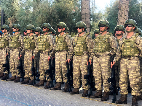 Girne, North Cyprus - August 30, 2019: Turkish soldiers are standing during the Armed Forces Day is a national holiday that is currently celebrated in Turkey.