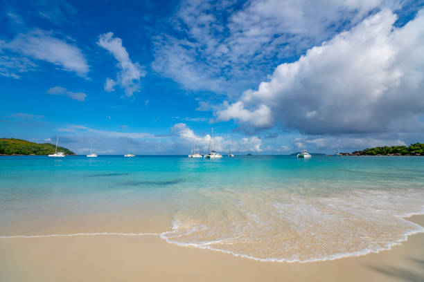 istock Beautiful sandy beach with  turquoise sea on Seychelles. 1176589363