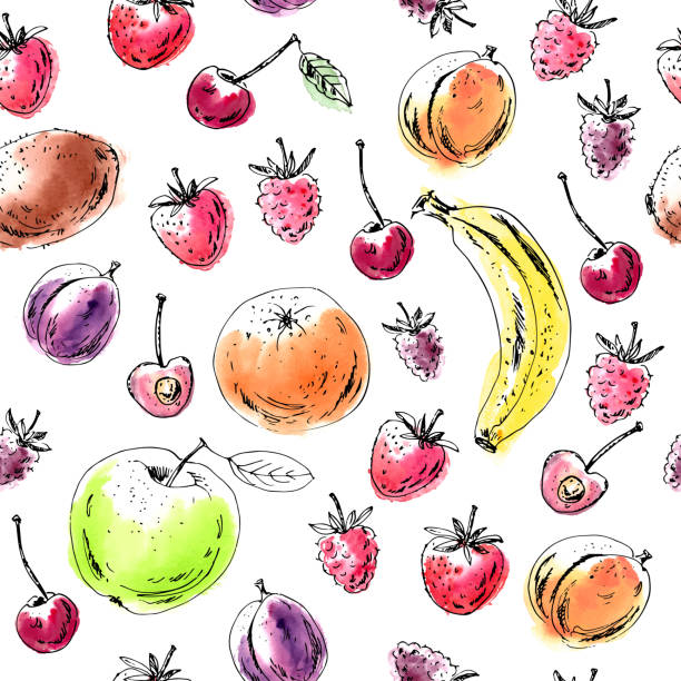 손으로 그린 과일 원활한 패턴 - backgrounds banana berry fruit blended drink stock illustrations