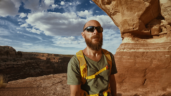 Man selfie video hiking in the great Southwest USA