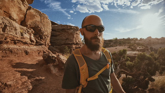Man selfie video hiking in the great Southwest USA