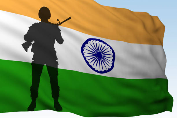 silhouette soldier against flag of India stock photo