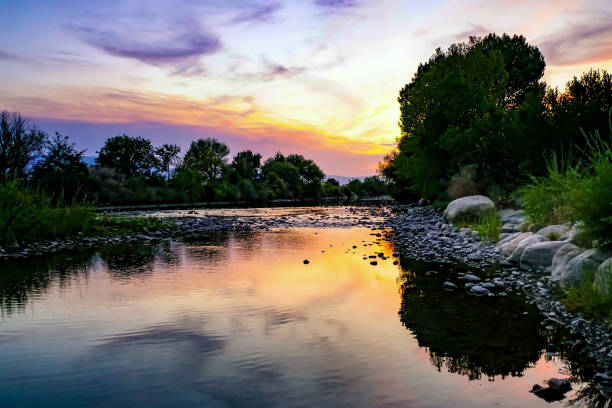 Sunset along the Truckee River in Reno, Nevada stock photo
