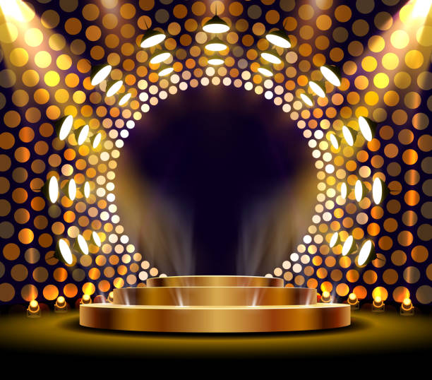 золотой подиум является победителем или популярным на золотом фоне. - music backgrounds gold star stock illustrations