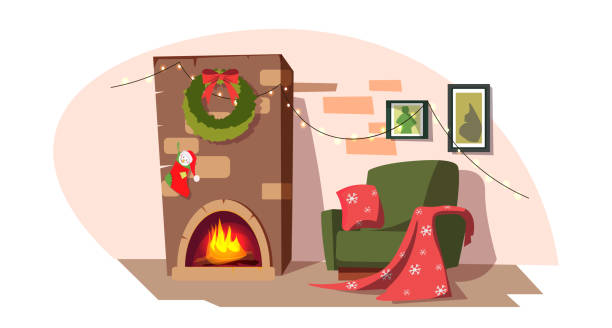 Christmas fireplace flat vector illustration Christmas fireplace flat vector illustration. Traditional new year house interior decor. Living room decorated with garland and festive wreath. Cozy atmosphere, comfortable armchair with plaid by fire christmas stocking background stock illustrations