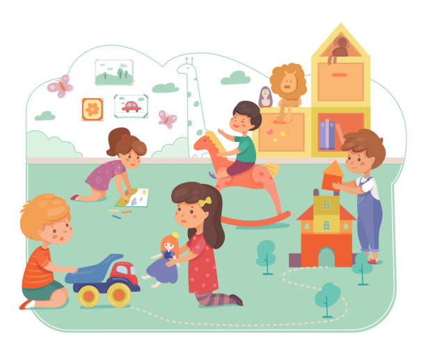 Kids in daycare center flat vector illustration Kids in daycare center flat vector illustration. Happy children playing together cartoon characters. Primary school, elementary grade pupils. Playschool pastime, leisure, kindergarten playtime baby play stock illustrations