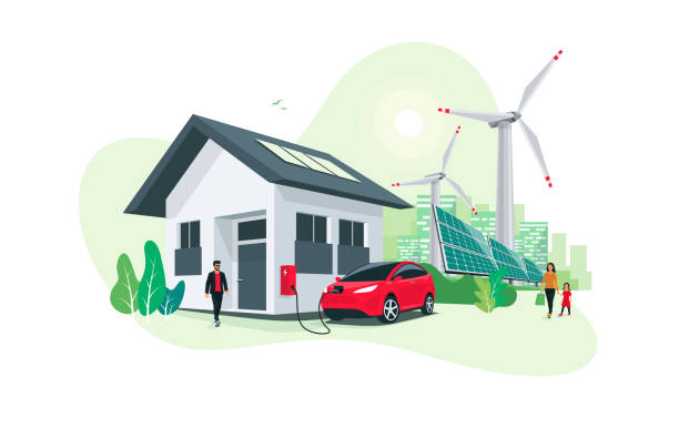 illustrazioni stock, clip art, cartoni animati e icone di tendenza di ricarica auto elettrica a casa con pannelli solari e centrale eolica e skyline di green city - house residential structure cable sun