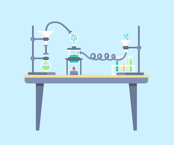 ilustrações, clipart, desenhos animados e ícones de ilustração lisa do vetor da tabela química do laboratório - analyzing biology blue clinic