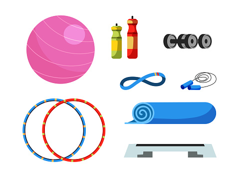 Fitness equipment flat vector illustrations set. Swiss ball, water bottles and dumbbells. Home and gym workout tools. Physical exercise accessories pack. Hula hoop, step platform and jumping rope