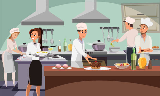 ilustrações de stock, clip art, desenhos animados e ícones de restaurant kitchen flat vector illustration - commercial kitchen illustrations