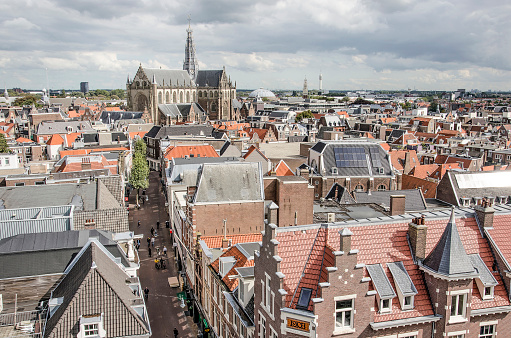 Haarlem, The Netherlands, September 9, 2019: aerial view of Grote Houtstraat leading up to Saint Bavo's church