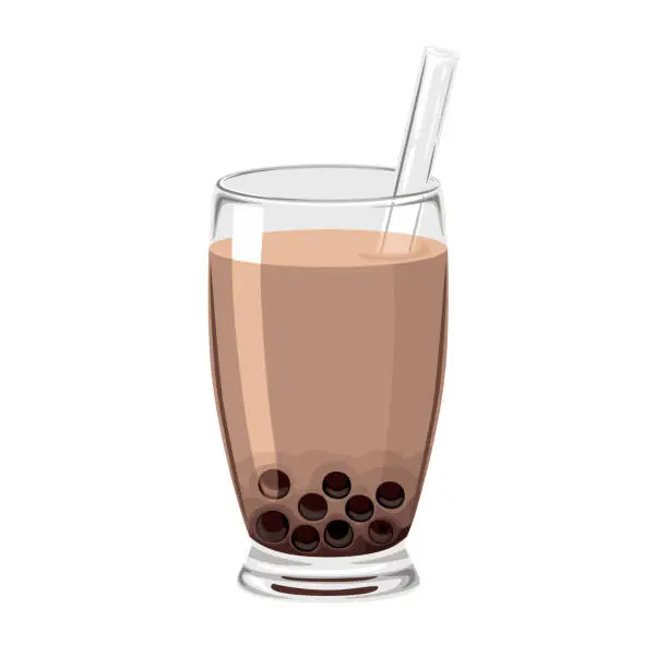 Vector illustration of Bubble Tea or Boba Tea in glass with straw isolated on white background. Brown Sugar Tapioca Pearl Milk.  Vector illustration of a drink in cartoon simple flat style.