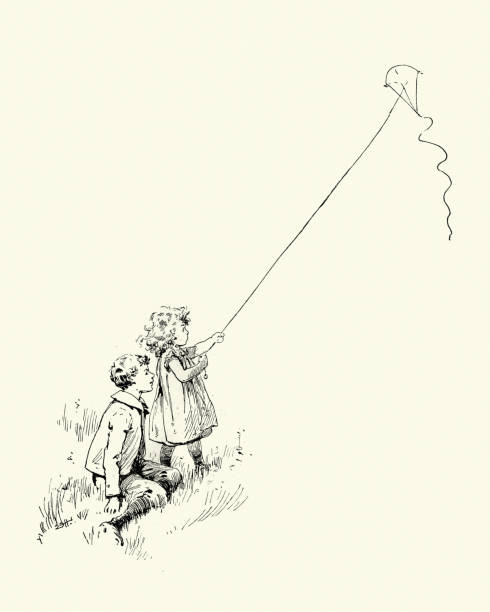 Vintage engraving of Children playing outdoors, flying a kite, Victorian, 19th Century