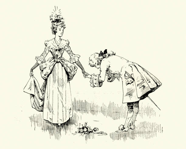 ilustrações, clipart, desenhos animados e ícones de príncipe que curvando-se e que beija a mão da princesa, conto de fadas do victorian - prince charming