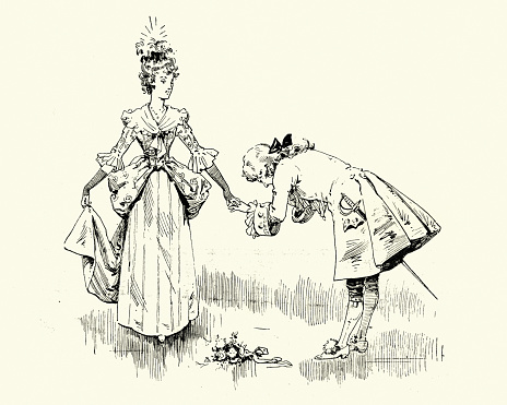 Vintage engraving of a Prince bowing and kissing princess hand, Victorian fairy tale, 19th Century, 1890s
