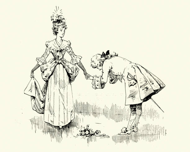 Prince bowing and kissing princess hand, Victorian fairy tale Vintage engraving of a Prince bowing and kissing princess hand, Victorian fairy tale, 19th Century, 1890s chivalry stock illustrations