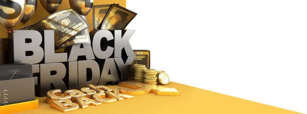 Black Friday concept corner background big letters with golden balls and 3d render image Black Friday concept corner background big letters with golden balls and 3d render image gold ira reviews stock pictures, royalty-free photos & images