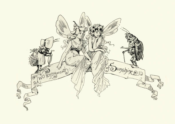 Victorian fairies, fairy tale, Two Pennyworth of Sunshine Vintage engraving of Victorian fairies, fairy tale, Two Pennyworth of Sunshine, 19th Century, 1890s fairy illustrations stock illustrations