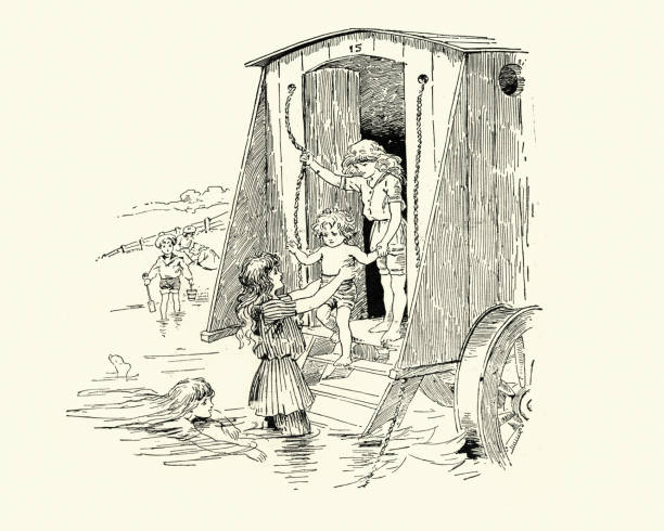 Children using a victorian Bathing machine at the seaside, 1890s Vintage engraving of Children using a victorian Bathing machine at the seaside, 19th Century. The bathing machine was a device, popular from the 18th century until the early 20th century, to allow people to change out of their usual clothes, change into swimwear, and wade in the ocean at beaches. Bathing machines were roofed and walled wooden carts rolled into the sea. victorian swimwear stock illustrations