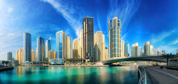 istock Dubai Marina skyline panorama with blue sky 1176603457