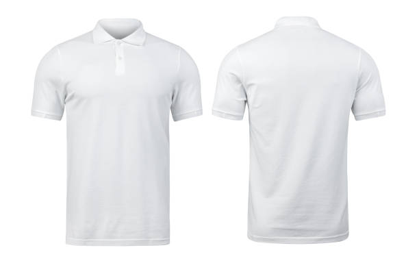 White polo shirts mockup front and back used as design template, isolated on white background with clipping path White polo shirts mockup front and back used as design template, isolated on white background with clipping path. shirt stock pictures, royalty-free photos & images