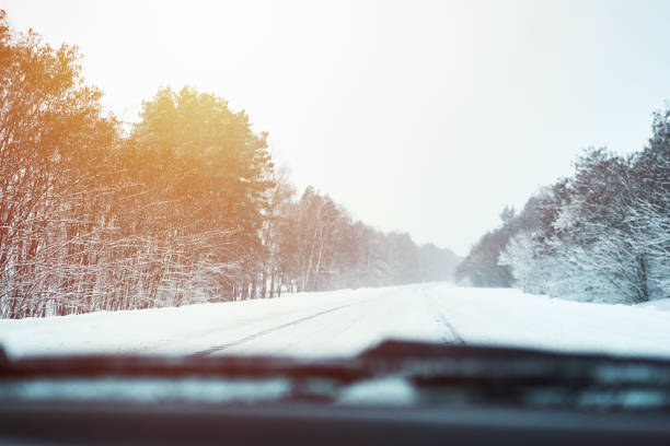 istock View from car on snowy winter road 1176605301