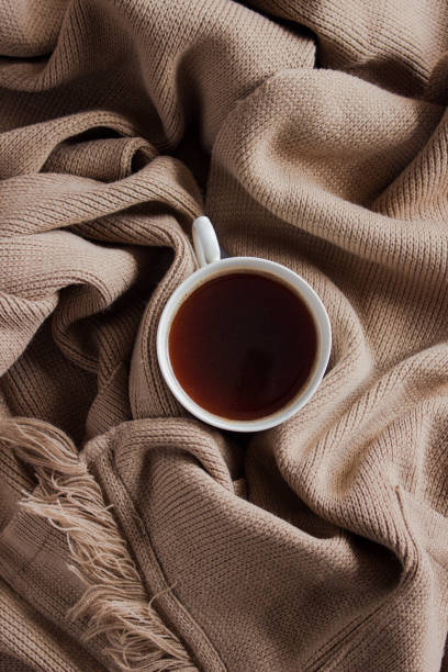 istock Cup of coffee on pastel plaid background. Flat lay, top view 1176607436