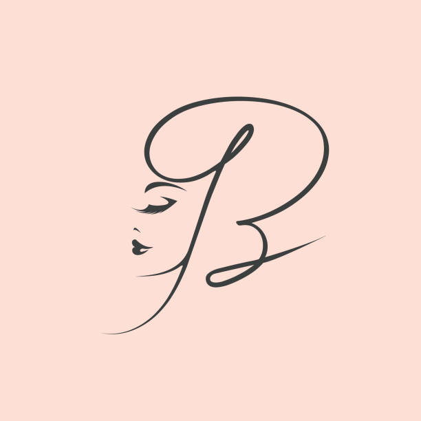 Letter B and beautiful woman face.Beauty salon calligraphic logo.Alphabet initial. Lettering sign with script initial and profile view of a young lady. glamorous hair stock illustrations