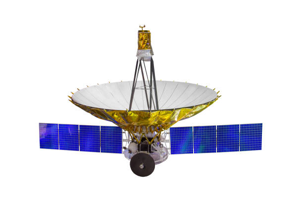istock Satellite with a large dish antenna for transmitting data to Earth, isolated on white background. 1176610987