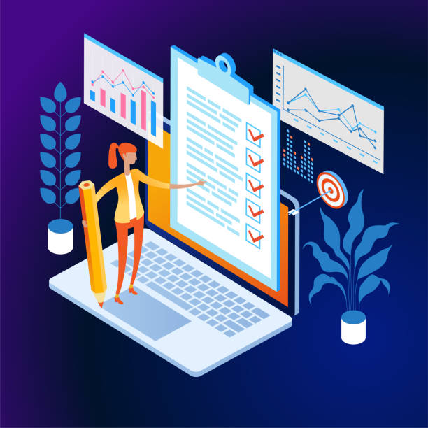 Business woman with a giant pencil nearby marked checklist on a clipboard paper. vector art illustration