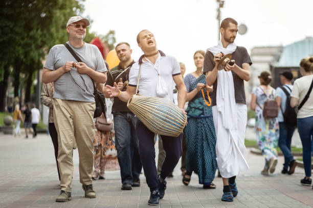 Kyiv, Ukraine, may 26, 2019. Devotees of Krishna chanting holy names on Khreshchatyk Street