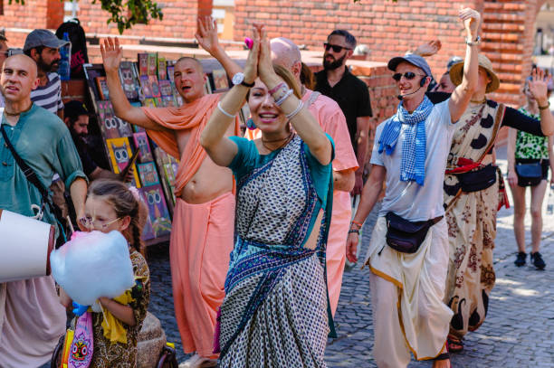 A group of Hare Krishnas in Krakov.  : Krakow, Poland - August 28, 2019