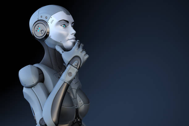 istock Cyborg stands in a pensive pose on dark background 1176614160