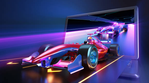 istock Racing car flying out of laptop screen 1176614165