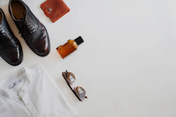 istock Male outfit set on white background. Close-up, top view 1176614820