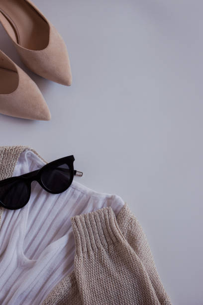 Female scandinavian fashion composition. Top view, flat lay