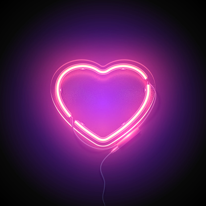 Bright heart. Neon sign. Retro neon heart signboard with word Love on purple background. Design element for Happy Valentine's Day. Ready for your design, greeting card. Vector illustration.