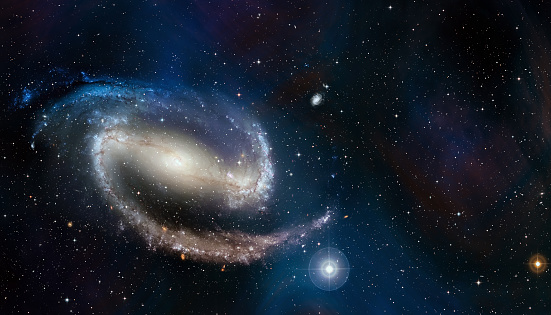 Space cosmic background of spiral galaxy and stars field with copy space. 3D Render