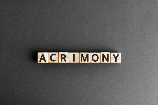 Acrimony word from wooden blocks with letters, bitter full of anger acrimony concept,  top view on grey background