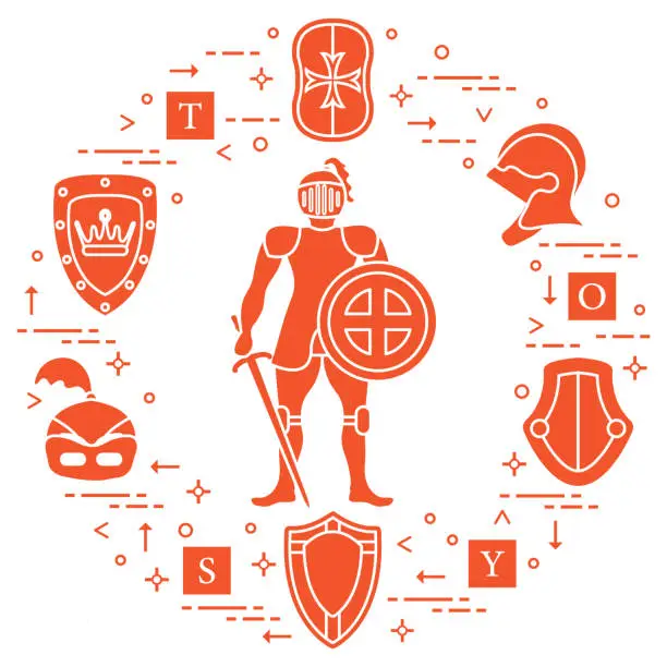 Vector illustration of Knight, shields, swords, helmets, cubes.