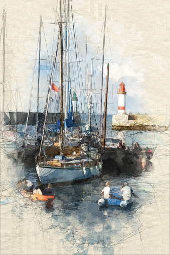 Painting of a Lively harbour on a summer vacation