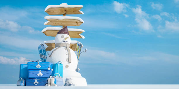 3D rendering of a snowman,  a directional sign ,suitcases, skis, snowboard and boots