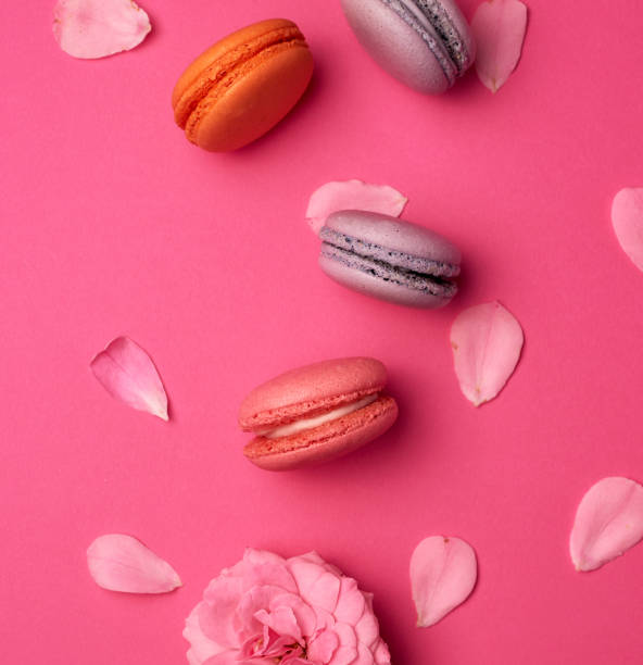 istock sweet multi-colored macarons with cream and a pink rose bud with scattered petals 1176621068