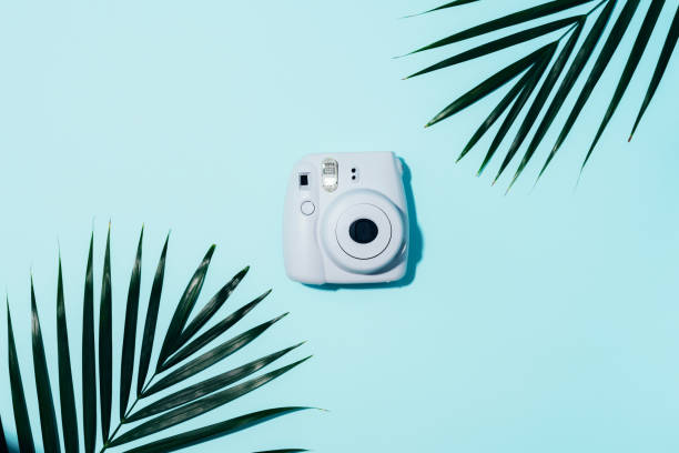 vilnius, lithuania - september 16, 2019: fujifilm instax mini instant film camera on blue background. - palm leaf flash imagens e fotografias de stock