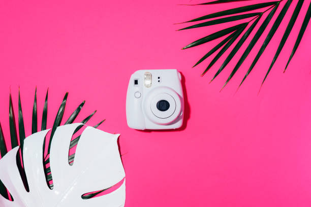 vilnius, lithuania - september 16, 2019: fujifilm instax mini instant film camera on pink background. - palm leaf flash imagens e fotografias de stock