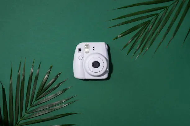 Vilnius, Lithuania - September 16, 2019: FUJIFILM INSTAX Mini Instant Film Camera on green background